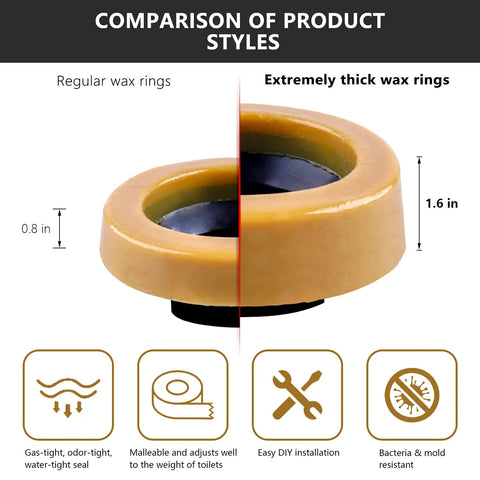 Comparison of regular and extra thick toilet wax rings highlighting Extra Thick Toilet Wax Ring Kit With Bolts For Reinstallation.