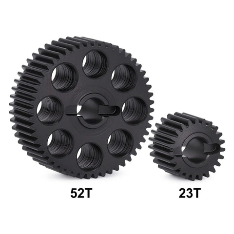 Slick Lightweight Front Gear Set For 13T And 16T Ratios showing black 52T and 23T gears for VFD transmission upgrades.