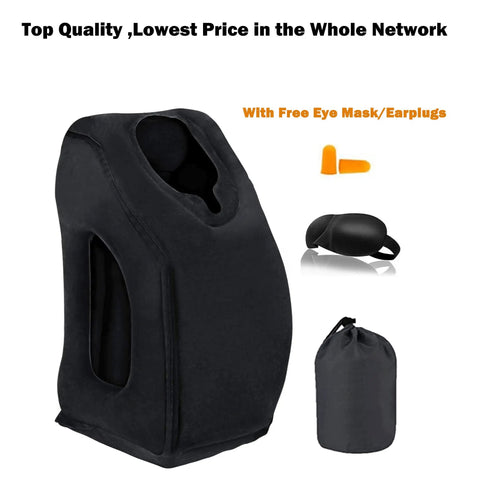 Inflatable Travel Neck Pillow With 3D Eye Mask And Earplugs, Portable Drawstring Bag, sleep support, black set image