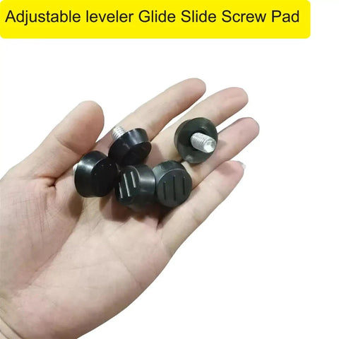 Adjustable Leveling Feet Set For Furniture And Cabinets Black Glide Pads With M6 And M8 Screws Rust Resistant Plastic Bases 4 Pack 8 Pack Multiple Size Options Easy DIY Installation Delivers Stable Leveling On Uneven Floors. black screw-in leveling feet in hand