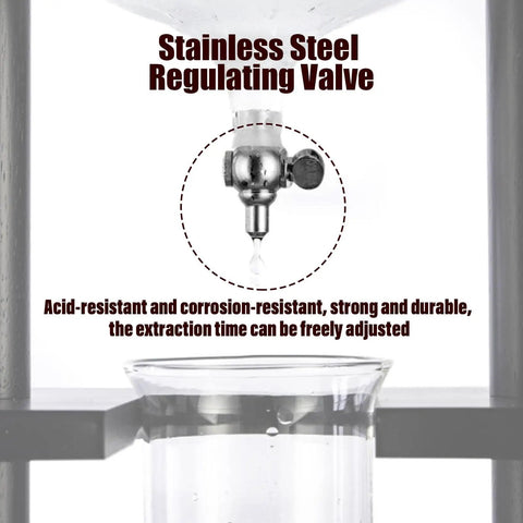 Stainless steel regulating valve on cold brew coffee tower for adjustable slow drip, featured with 1000ML glass carafe.