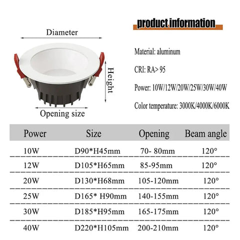 Product information diagram of 10 Pack Round Recessed LED Downlights Featuring Matte Baffle Trim To Shut Out Annoying Glare For Crisp Daylight Glow Smooth Aluminum Ceiling Lamp Fixtures Effortless DIY Retrofit Setup.