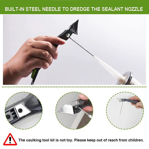 Using Five In One Caulk Remover Tool With Stainless Head For Silicone Sealant Removal, highlighting steel needle feature