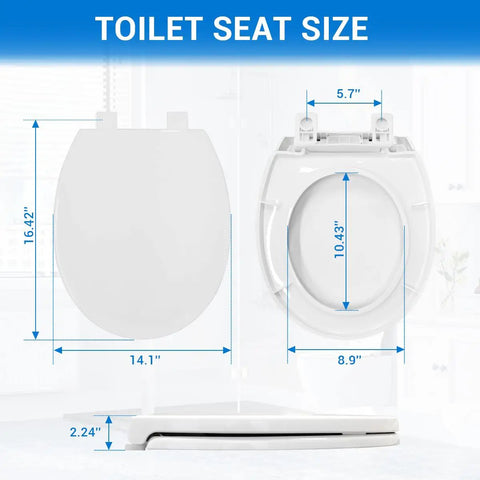 Round Toilet Seat 16.5 Inch Soft Close White Plastic With Rock Solid Mounting That Stays Put All Day Long Smooth Close Action Quick Install Job Total Bathroom Glow Up For Your Home dimensions showing length and width.