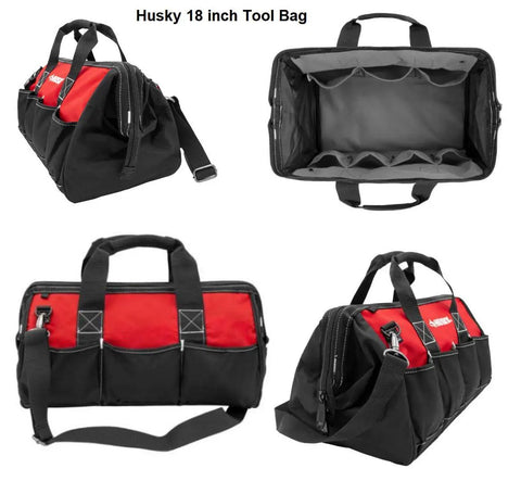 Red Tool Bag Set With 18 Inch, 15 Inch, And 12 Inch Bags, open and closed views, showing zippered tops and shoulder strap