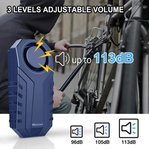 Blue Beefed Up Wireless Bike Alarm With 113dB Siren Anti Theft Motion Sensor shown with adjustable volume levels.