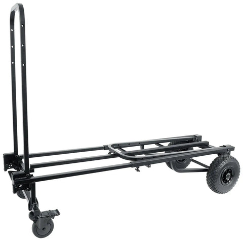 Folding black utility cart with two large rear wheels and two smaller front casters for easy transport on different terrains.