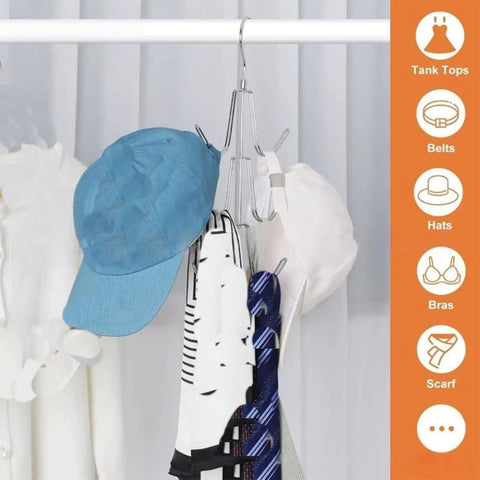 Rotating multi strap backpack hook, 2 Pack Closet Purse Hangers organizing hats and scarves on a silver rack.