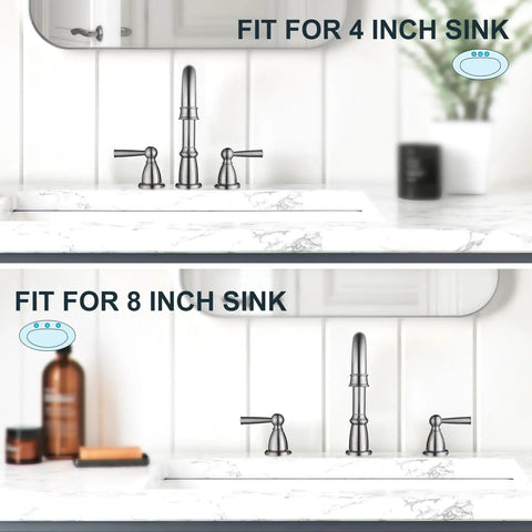 Widespread 8 Inch Bathroom Faucet With 3 Holes Brushed Nickel Finish Two Handles Pop Up Drain High Arc Spout shown in different sink sizes.