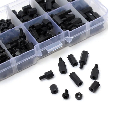 Black Nylon Hex Standoff Kit With Screws And Nuts, 300 Pieces, Corrosion Resistant Insulated Spacers For Electronics, Office And Industrial Use, Great For Diy Projects, Machine Builds, And Tech Installations. Black nylon hex standoffs and screws in organizer box