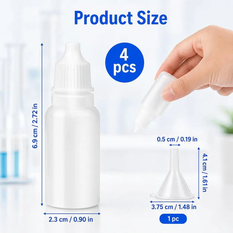 No Sweat Refills With This Five Piece Pack Featuring Four White 15ml Plastic Dropper Bottles Plus One Quick Pour Funnel, product sizes displayed.
