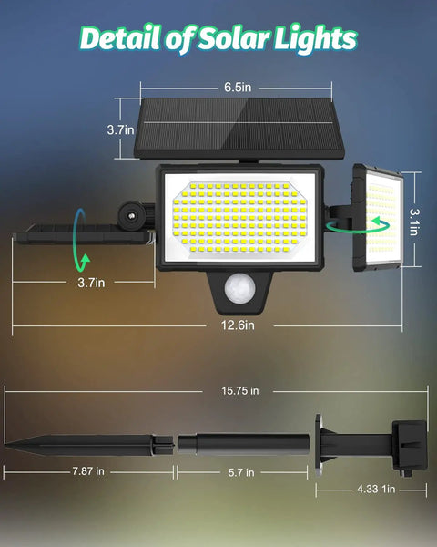 Detailed dimensions of Workhorse Solar Flood Lights With 3000 Lumens Super Bright Motion Sensor and Handy Remote.