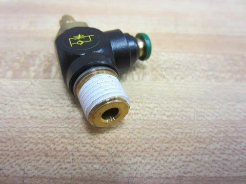 Rock Solid 1/4 Inch Push In Right Angle Flow Control Valve FC70144 with a brass connector for pneumatic systems.