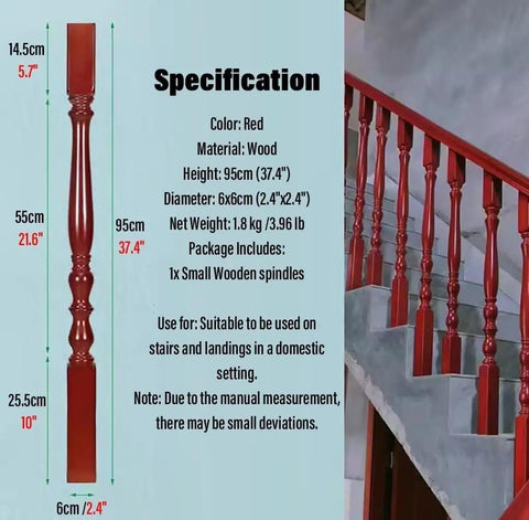 Rock Solid Wood Stair Railing Spindles 95Cm Baluster Posts For Deck Porch Railing System vertical red wooden baluster, 95cm tall, diameter 6cm, indoor use.