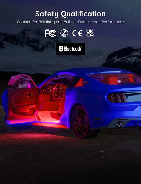 Blue sports car with doors open showcasing Car LED Strip Lights RGBIC Interior Lighting With App Control And Music Sync 16 Million Colors