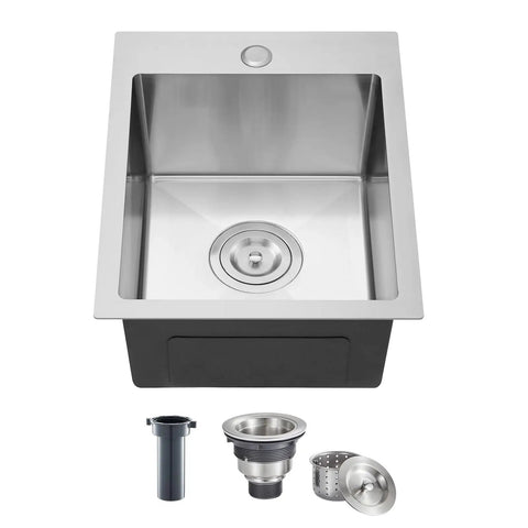 15x17 Inch Single Bowl Bar Kitchen Sink Topmount 304 Stainless Steel 8 Inch Deep Drop In with Basket Strainer and Drain Kit.