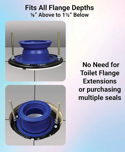 Adjustable Toilet Flange Repair Kit For Broken Or Low Bowls Features Self Adjusting Wax Free Seal And Built In Extender view with blue rubber ring fitting a flange depth.