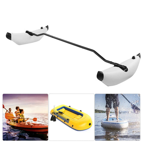 Inflatable Kayak Stabilizer Outrigger Kit With Floating Brackets And Guide Rail For Fishing Standing And Beginners On Kayak Or Canoe Ultra Stable And Easy Install displayed in various uses