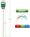 All In One Soil Moisture Meter For Plants With Long Probe Hygrometer Sensor For Indoor Outdoor Gardens showing size and moisture levels.