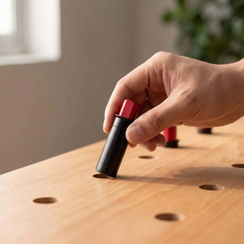 Using retractable table stop for woodworking benches, matte black bench dog 20mm diameter, quick set tool on workbench.