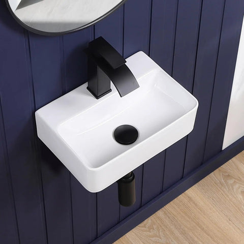 Super Compact Wall Mount Bathroom Vessel Sink In Crisp White Porcelain, Rectangular Floating Vanity Basin Made For Tight Squeezes Rv Cabins And Tiny Homes Zero Countertop Takeover mounted with black faucet.