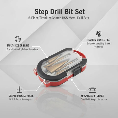 Top Rated 6-Piece Titanium Step Drill Bit Set For Metal Wood And Plastic Serrated Cone Bits To Cut Clean Holes Without Burrs Plus Storage Case Included, case