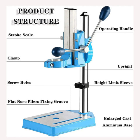 Heavy Duty Electric Drill Stand With 90 Degree Rotatable Head And 80Mm Stroke For High Precision Work showing product structure details.