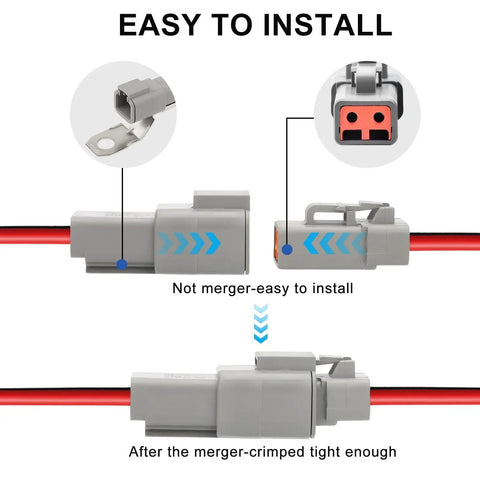 Heavy Duty 2 Pin Deutsch Waterproof Connectors Kit with 12 AWG Cable diagram showing connector assembly.