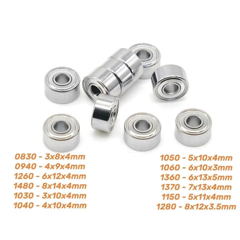 Ten Pack 3x8x4mm Shielded Ball Bearings 693ZZ Pre Lubed For RC Cars And Drones, Small Motors, shown with size chart