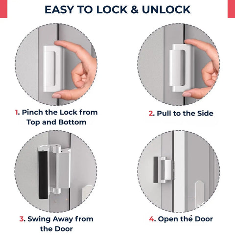Demonstration of using Heavy Duty Door Reinforcement Lock Set 3 Inch Security Lock for Inward Swinging Doors Withstanding Up To 800 Lbs Child Safety Lock Prevents Unauthorized Entry 2 Pack