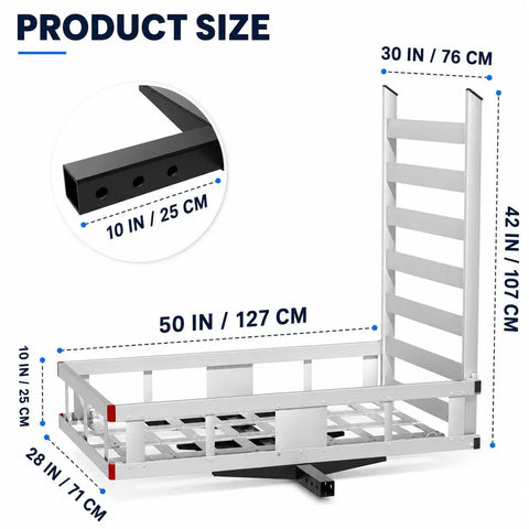 Folding Aluminum Hitch Cargo Carrier For SUV And Truck Use showing frame dimensions, 1300 lbs capacity, welded aluminum construction.