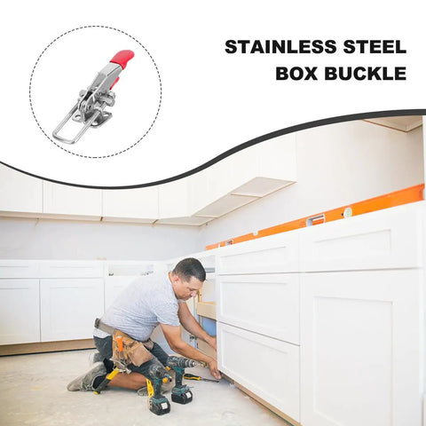 Adjustable Stainless Steel Quick Release Toggle Latch Hasp For RV Roofs And Furniture Locking, shown installed on a cabinet