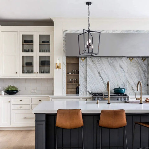 Industrial Black Pendant Light 4 Light Chandelier With Classic Metal Cage in modern kitchen setting.