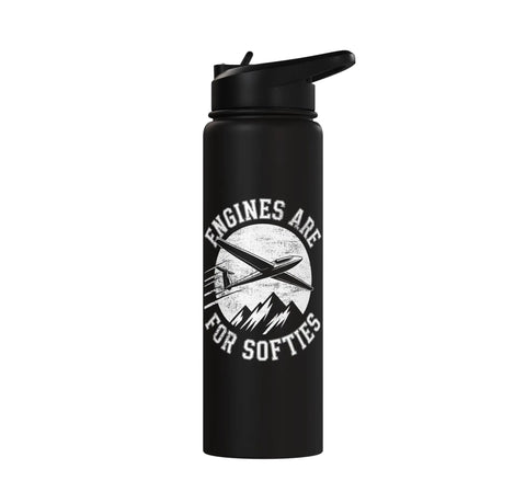 Black sailplane friendly stainless steel insulated water bottle for glider pilots and soaring club fans, with flip lid.