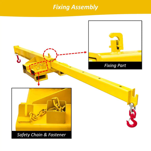 Fixing assembly details of the Heavy Duty 5 Ton Forklift Jib Boom Crane featuring safety chain and fastener.