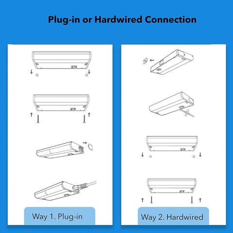 Instructions for Under Cabinet Lights 18 Inch, 2 Pack, Plug-in or Hardwired, showcasing plug-in and hardwired installation.