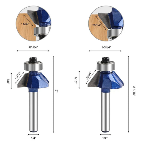 45 Degree Chamfer Router Bit Set For Woodworking, 1/4 Inch Shank, diameters 11/32 and 25/64 inch, C3 carbide close-up