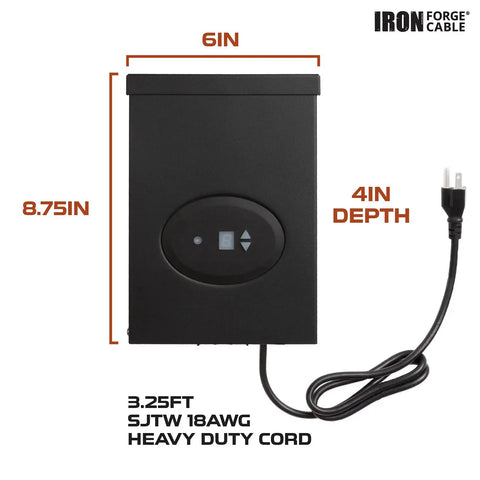 200 Watt Low Voltage Landscape Lighting Transformer With Dusk To Dawn Sensor And Countdown Timer Auto Mode 120V AC To 12V AC Outdoor Lighting All Weather shown with dimensions and power cord.