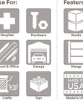 Image showing icons for uses and features of Space Saving Stackable Plastic Storage Bins for Garage Pantry and Craft Room, Heavy Duty Organization.