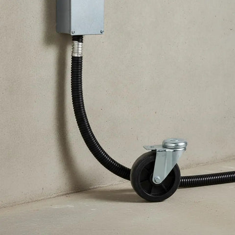 High Flex Corrugated Cable Conduit, 51 Mm Heavy Duty Wire Raceway With Galvanized Steel Core, 20 Meter Roll connected to a wall with a wheel.