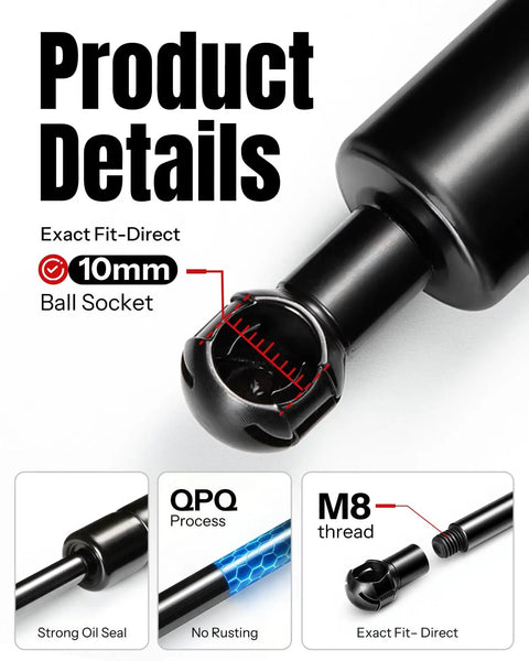 Close-up of Two Pack 36 Inch Gas Struts 30 Lb Lift Supports with 10mm ball socket, strong oil seal, and M8 thread details.