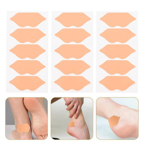 Self Adhesive Heel Protectors Soft Foam Cushion Pads For Shoes Wear Resistant Anti Blister Heel Grips Stick On Foot Care For Sore Heels And Ill Fitting Kicks Top Tier Protection, light brown pads on backing with application examples.