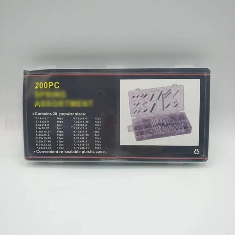 Heavy Duty Dual Hook Springs Set 200 Pcs Assortment in clear storage box with size chart on black background