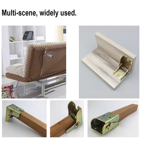 Heavy Duty 90 Degree Folding Table Leg Bracket With Self Locking Hinge Designed For Drop Leaf Tables And Camp Sofas Featuring Durable Galvanized Carbon Steel No Sweat Assembly Quick Install 4 Pack on sofa and wooden surface.