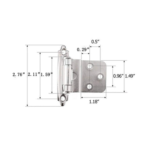 Two Pack Three Eighths Inch Overlay Cabinet Door Hinges Self Closing Flush Mount Cold Rolled Steel Silver Color Matte Finish Heavy Duty
