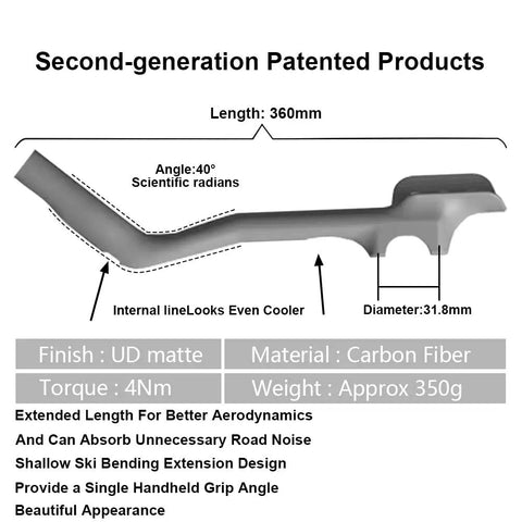 Diagram of Ultra Light Carbon Bike Handlebar Extender Aero Bars For Road And Triathlon Clip On TT Bar 31.8mm Clamp 360mm Length Matte UD Finish Adjustable T800 Carbon Fiber