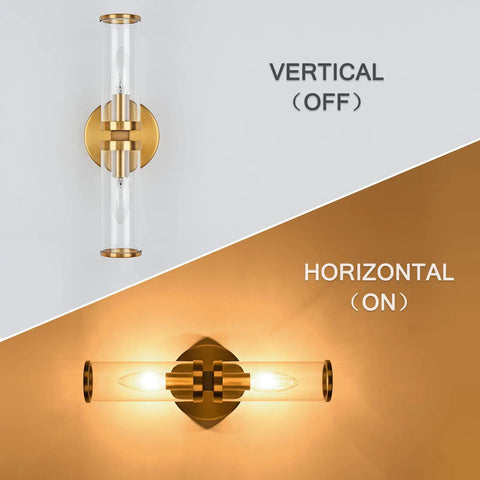 Gold Wall Sconce Lights Two Pack With Candle Shaped Glass Shades Brushed Brass Mid Century Vanity Wall Lamps in vertical and horizontal view
