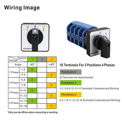 Wiring diagram for Heavy Duty Beefy Rotary Selector Cam Changeover Switch 660V 63A 3 Position with 4NO 4NC Contacts