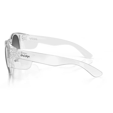 Kickass Polarized Safety Glasses Featuring Rounded Retro Frames And Anti Scratch Coatings Osha Approved Ansi Certified UV400 Polycarbonate Protective Eyewear Totally Dope For Working Men side view showing clear tinted polycarbonate frames