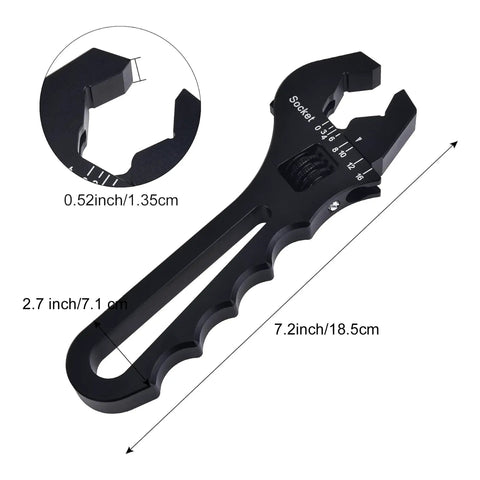 Adjustable AN Fitting Hose Wrench 3AN To 16AN, Lightweight Aluminum 6061 T6, Black Finish with measurements displayed.